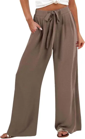 Wide Leg Pants Women Linen Palazzo Trousers High Waisted Front Tie Knot Summer Casual Business Beach Vacation Pants