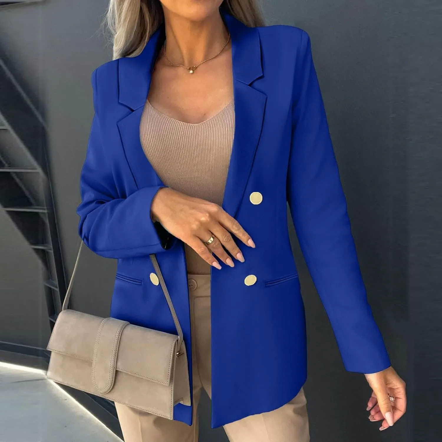 Women Business Casual Blazer Jacket Open Front Long Sleeve Button Jackets Notched Lapel Work Office Suit Jackets