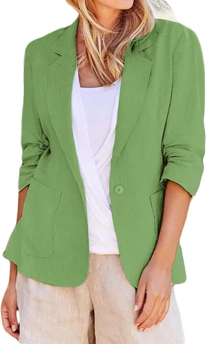 Women Cotton Linen Blazer Business Casual Lightweight One Button Work Suit Jacket Summer Trendy 2025