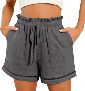 Women Linen Shorts Summer Casual Drawstring Flowy Shorts Wide Leg Shorts with Pockets Plus Size Beach Shorts