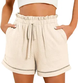 Women Linen Shorts Summer Casual Drawstring Flowy Shorts Wide Leg Shorts with Pockets Plus Size Beach Shorts
