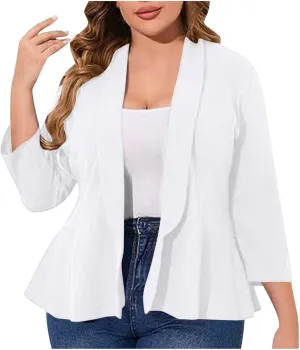Women Plus Size Short Blazers Curvy Ruffle Hem 3/4 Sleeve Coats Business Casual Lapel Sexy Summer Lightweight Coats