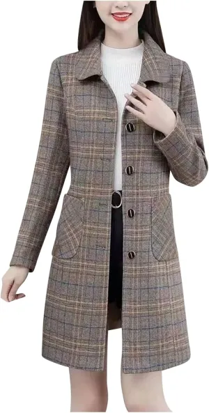 Women Winter Wool Blend Jackets Elegant Mid-Long Coat Notch Lapel Single Breasted Casual Business Office Work Jacket