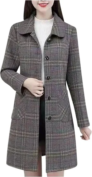 Women Winter Wool Blend Jackets Elegant Mid-Long Coat Notch Lapel Single Breasted Casual Business Office Work Jacket