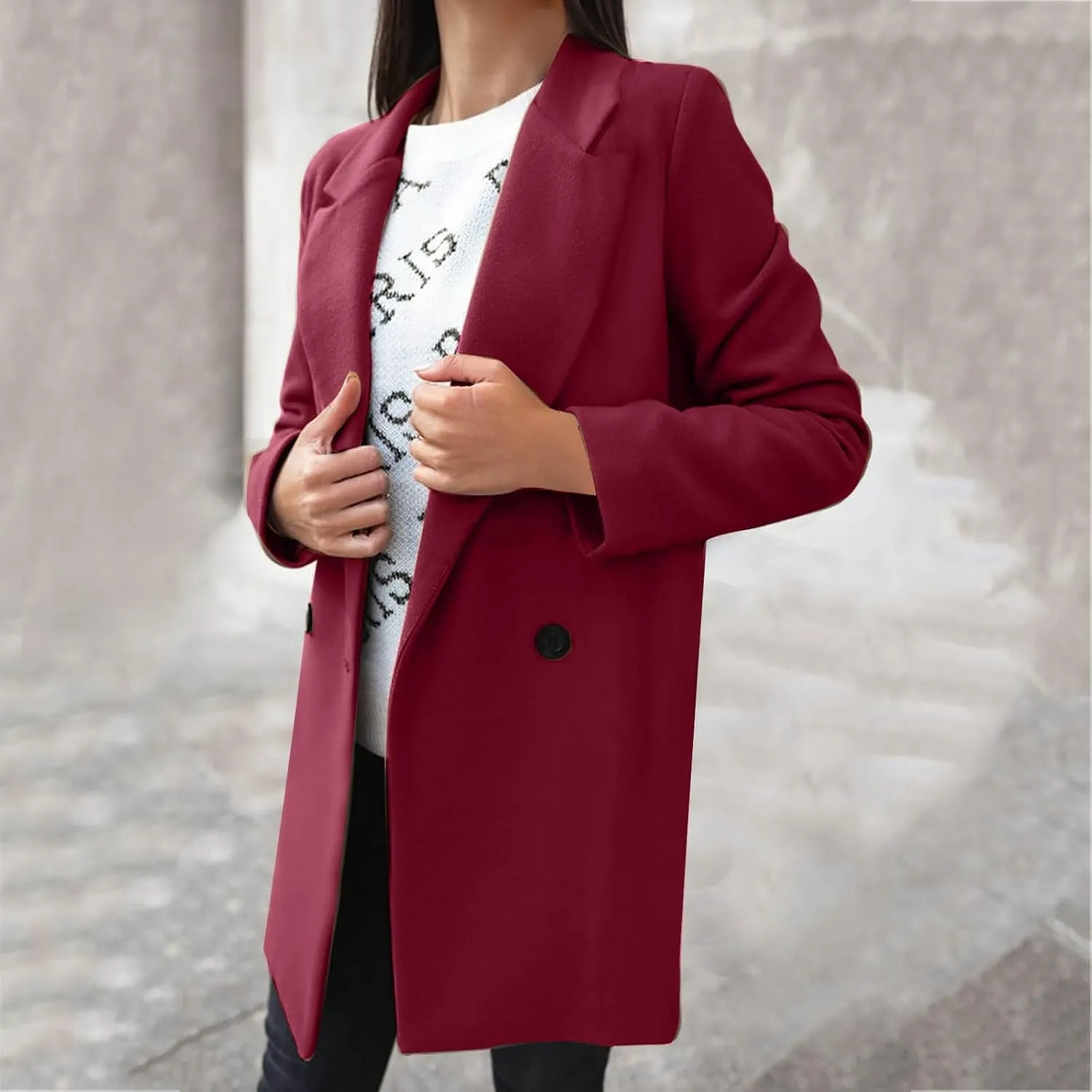 Women's 2024 Wool Blend Pea Coat Double Breasted Long Winter Coats Mid Long Pea Trench Coat Notch Lapel Over Coat