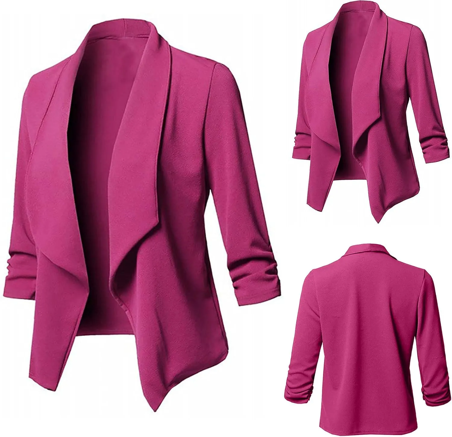 Womens Blazer Stretch 3/4 Gathered Sleeve Open Front Blazer Jackets Casual Lightweight Thin Work Office Blazers