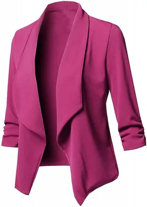 Womens Blazer Stretch 3/4 Gathered Sleeve Open Front Blazer Jackets Casual Lightweight Thin Work Office Blazers