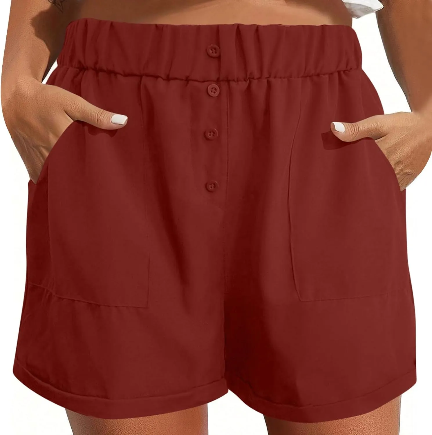 Womens Button Deco Casual Shorts Summer Casual Elastic High Waist Beach Shorts Comfy Solid Color Shorts with Pockets