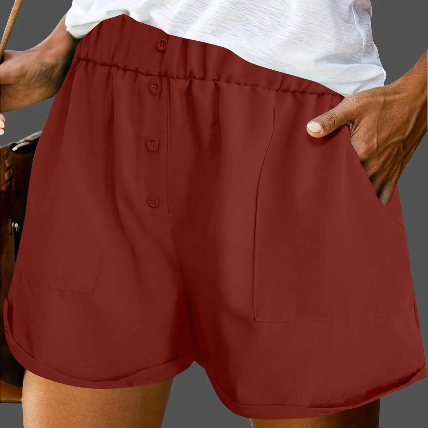 Womens Button Deco Casual Shorts Summer Casual Elastic High Waist Beach Shorts Comfy Solid Color Shorts with Pockets