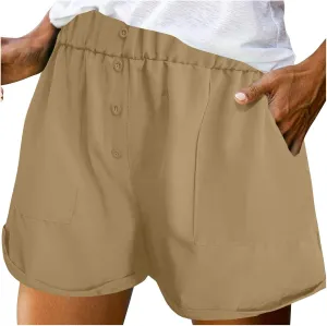 Womens Button Deco Casual Shorts Summer Casual Elastic High Waist Beach Shorts Comfy Solid Color Shorts with Pockets