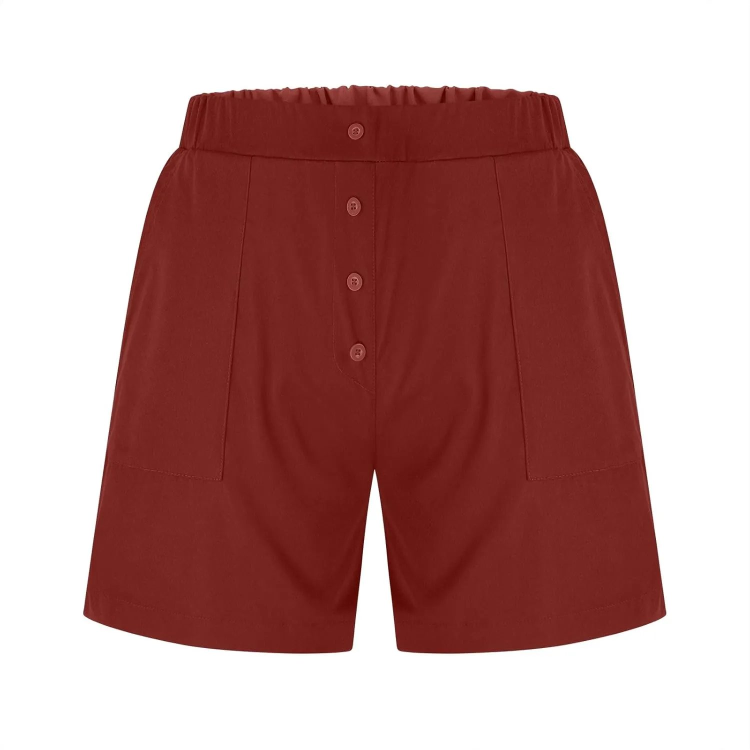 Womens Button Deco Casual Shorts Summer Casual Elastic High Waist Beach Shorts Comfy Solid Color Shorts with Pockets