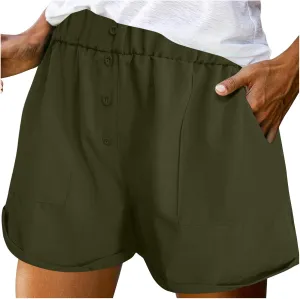 Womens Button Deco Casual Shorts Summer Casual Elastic High Waist Beach Shorts Comfy Solid Color Shorts with Pockets
