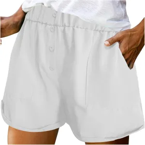 Womens Button Deco Casual Shorts Summer Casual Elastic High Waist Beach Shorts Comfy Solid Color Shorts with Pockets