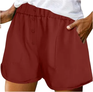 Womens Button Deco Casual Shorts Summer Casual Elastic High Waist Beach Shorts Comfy Solid Color Shorts with Pockets