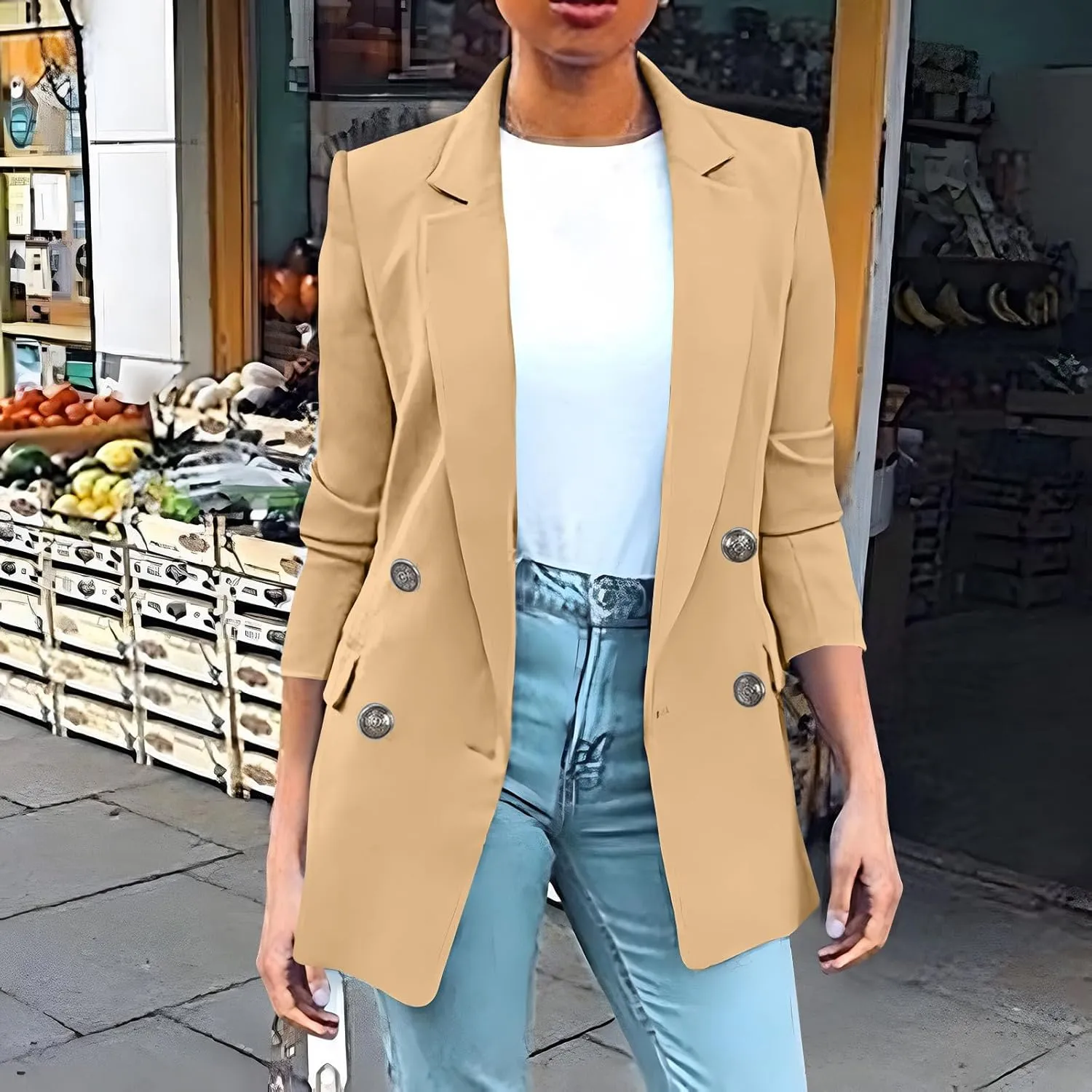 Womens Casual Blazer 2025 Long Sleeve Open Front Work Office Suit Jackets Lapel Button Blazer Jackets with Pockets