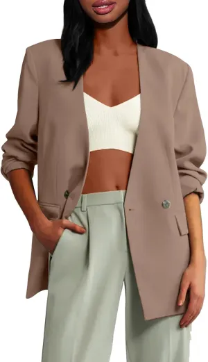 Womens Casual Blazers Dressy Button Lapel Long Sleeve Work Business Jackets Lightweight Collarless Open Front Blazer