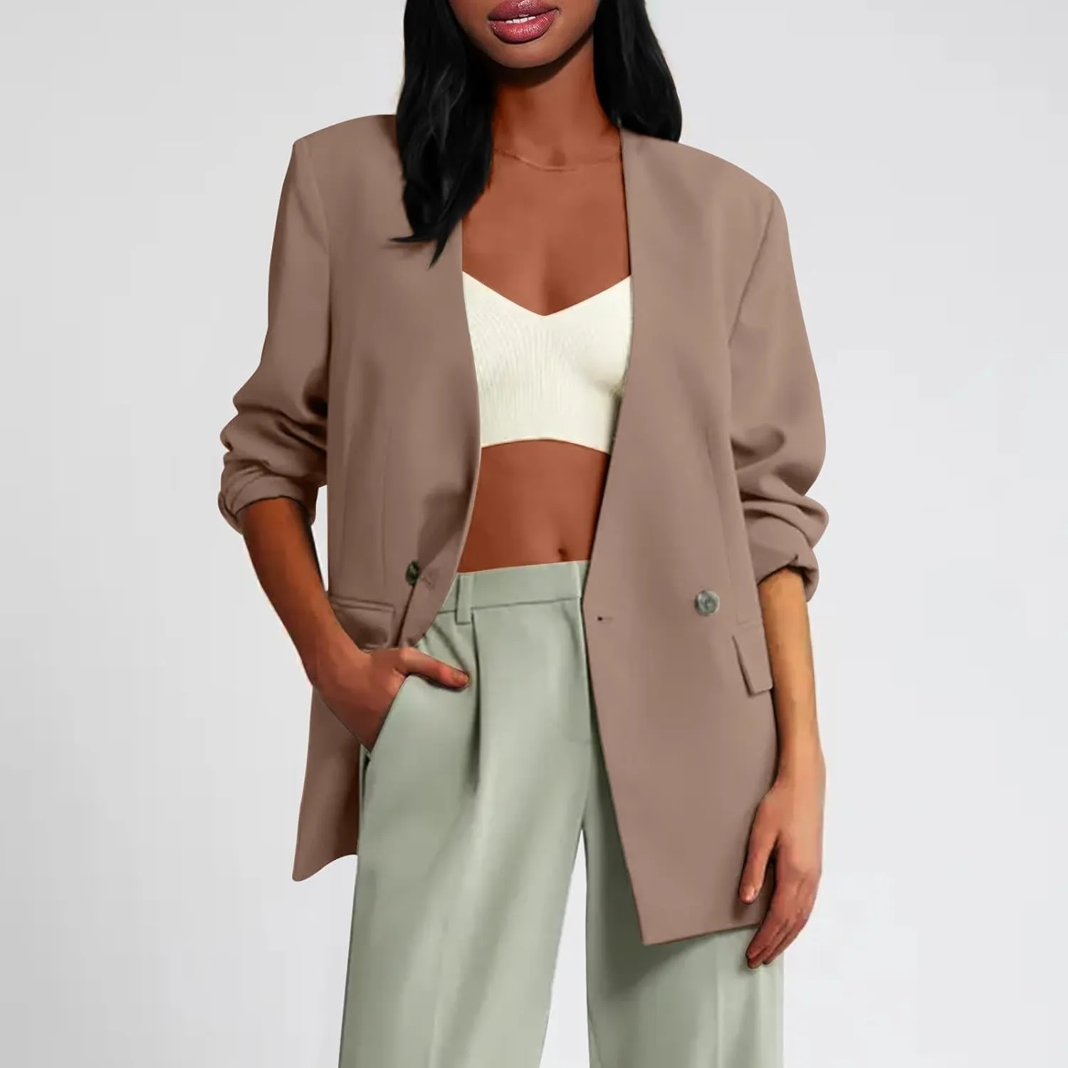 Womens Casual Blazers Dressy Button Lapel Long Sleeve Work Business Jackets Lightweight Collarless Open Front Blazer