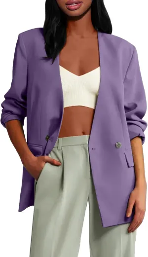 Womens Casual Blazers Dressy Button Lapel Long Sleeve Work Business Jackets Lightweight Collarless Open Front Blazer