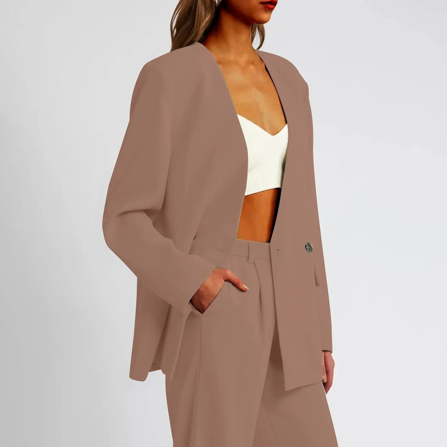 Womens Casual Blazers Dressy Button Lapel Long Sleeve Work Business Jackets Lightweight Collarless Open Front Blazer
