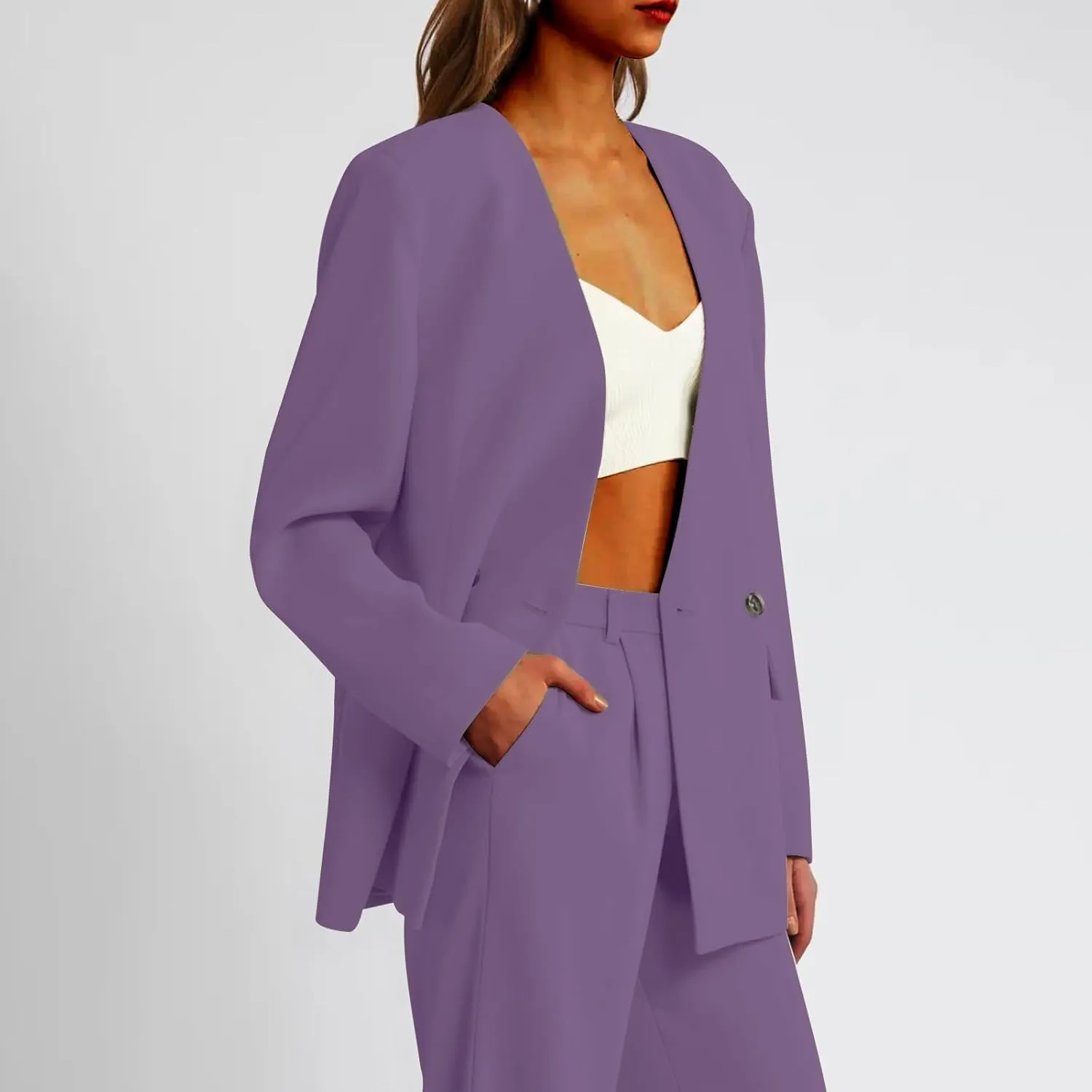 Womens Casual Blazers Dressy Button Lapel Long Sleeve Work Business Jackets Lightweight Collarless Open Front Blazer