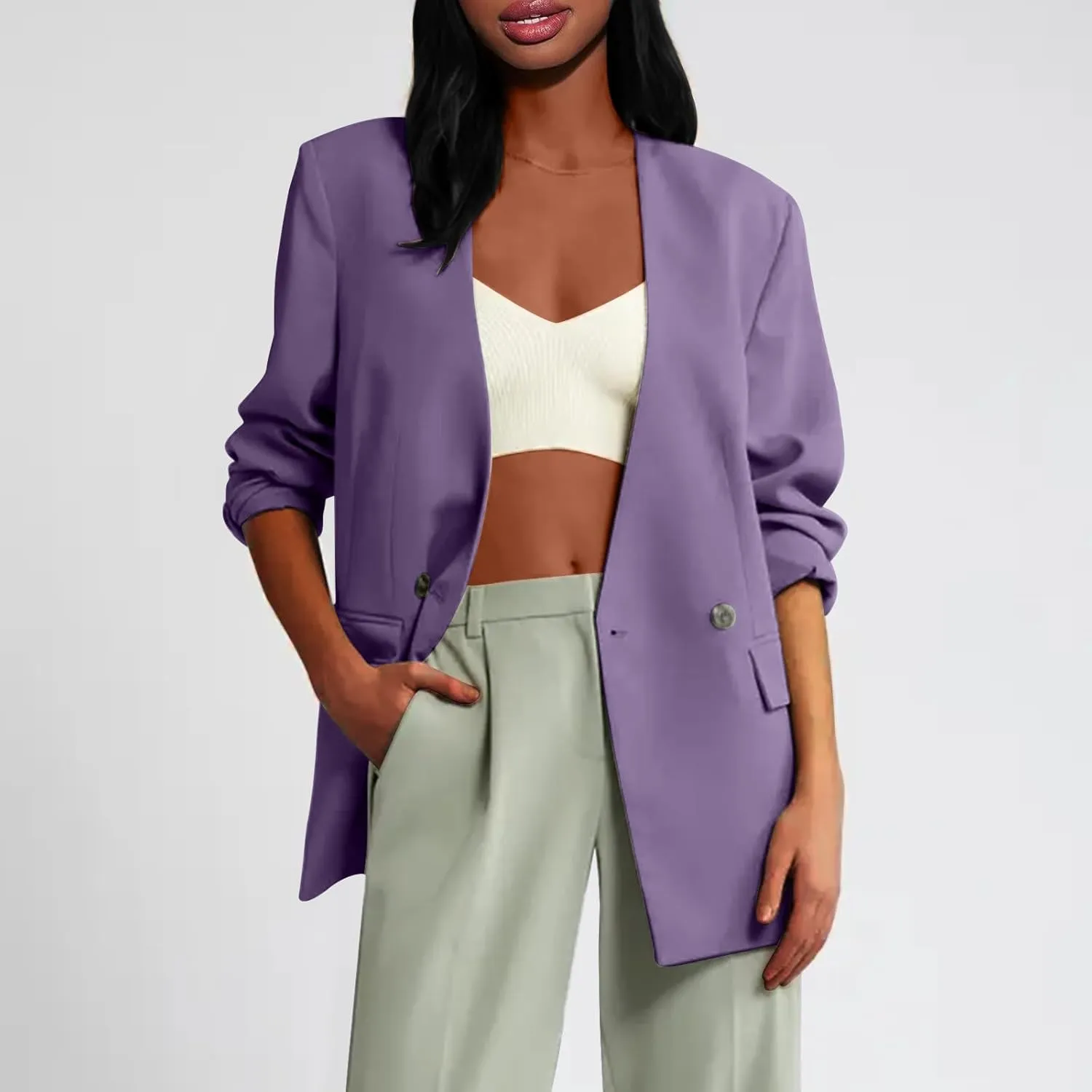 Womens Casual Blazers Dressy Button Lapel Long Sleeve Work Business Jackets Lightweight Collarless Open Front Blazer