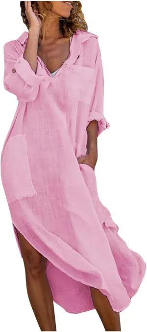 Womens Casual Dress Cotton Linen Long Dress Lapel Button Cuffed Roll Sleeve Side Split Cover Ups Dresses with Pockets