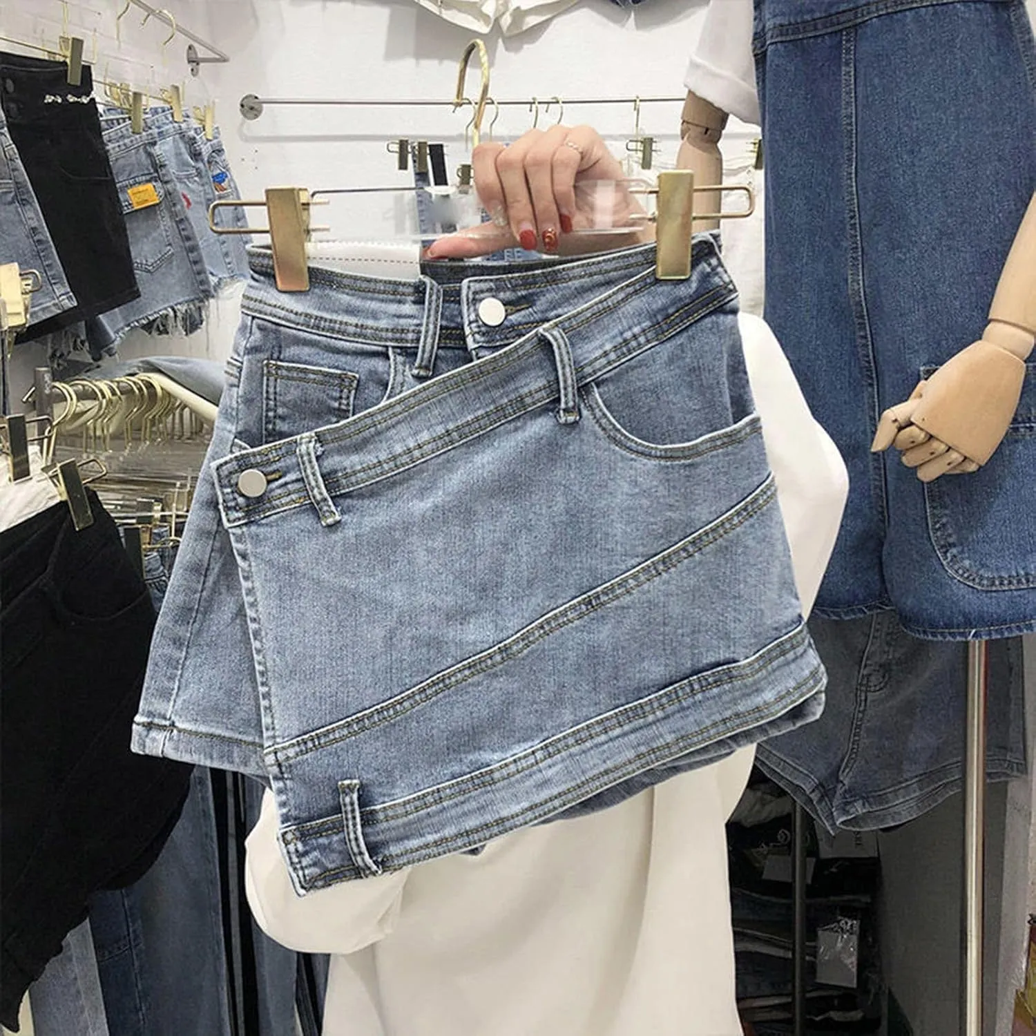 Women's Casual High Waisted Button Front Jean Shorts Denim Wrap Skort Skirt with Pocket Ruffle Trim Denim Skort