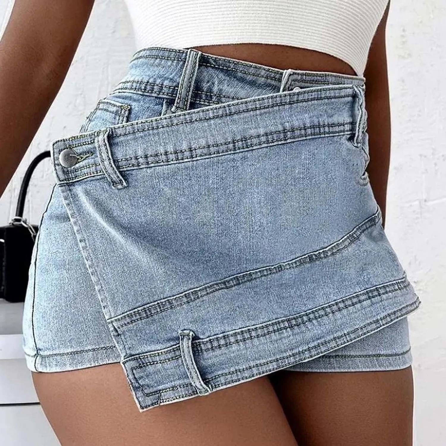 Women's Casual High Waisted Button Front Jean Shorts Denim Wrap Skort Skirt with Pocket Ruffle Trim Denim Skort