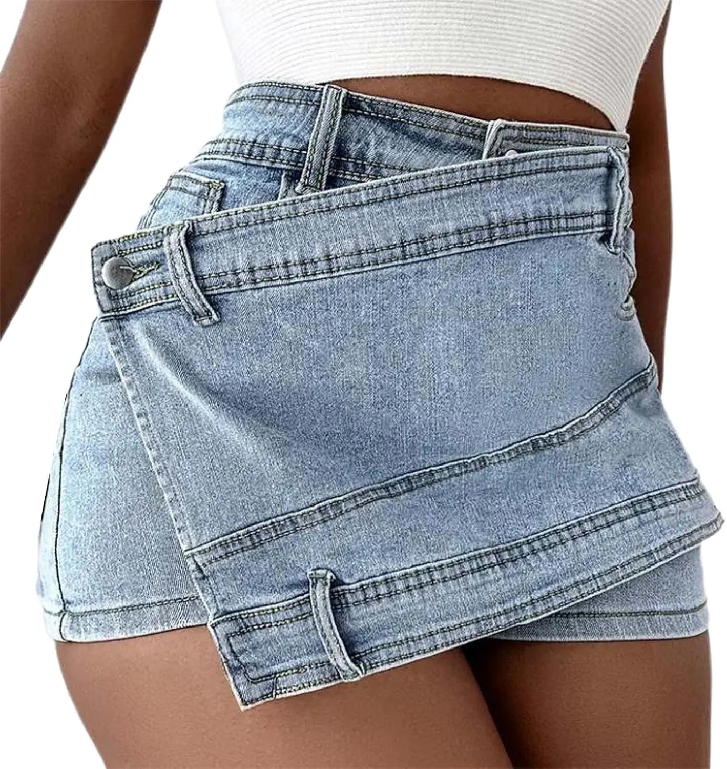 Women's Casual High Waisted Button Front Jean Shorts Denim Wrap Skort Skirt with Pocket Ruffle Trim Denim Skort