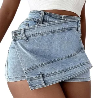 Women's Casual High Waisted Button Front Jean Shorts Denim Wrap Skort Skirt with Pocket Ruffle Trim Denim Skort