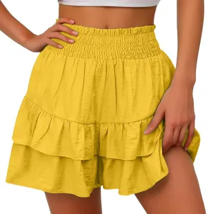 Women's Casual Shorts High Elastic Waisted Pleated Ruffle Hem Cute Shorts Beach Flowy Shorts