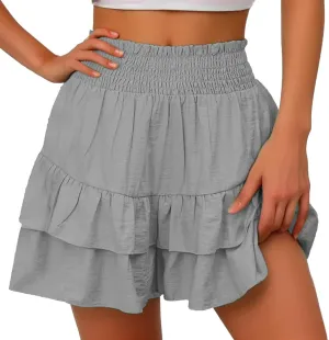 Women's Casual Shorts High Elastic Waisted Pleated Ruffle Hem Cute Shorts Beach Flowy Shorts