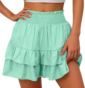 Women's Casual Shorts High Elastic Waisted Pleated Ruffle Hem Cute Shorts Beach Flowy Shorts