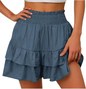 Women's Casual Shorts High Elastic Waisted Pleated Ruffle Hem Cute Shorts Beach Flowy Shorts