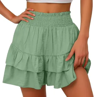 Women's Casual Shorts High Elastic Waisted Pleated Ruffle Hem Cute Shorts Beach Flowy Shorts