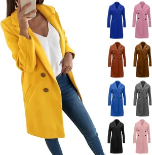 Womens Double Breasted Long Blazers Fall Lapel Suit Jackets Winter Warm Outwear Casual Work Office Cardigan Coats
