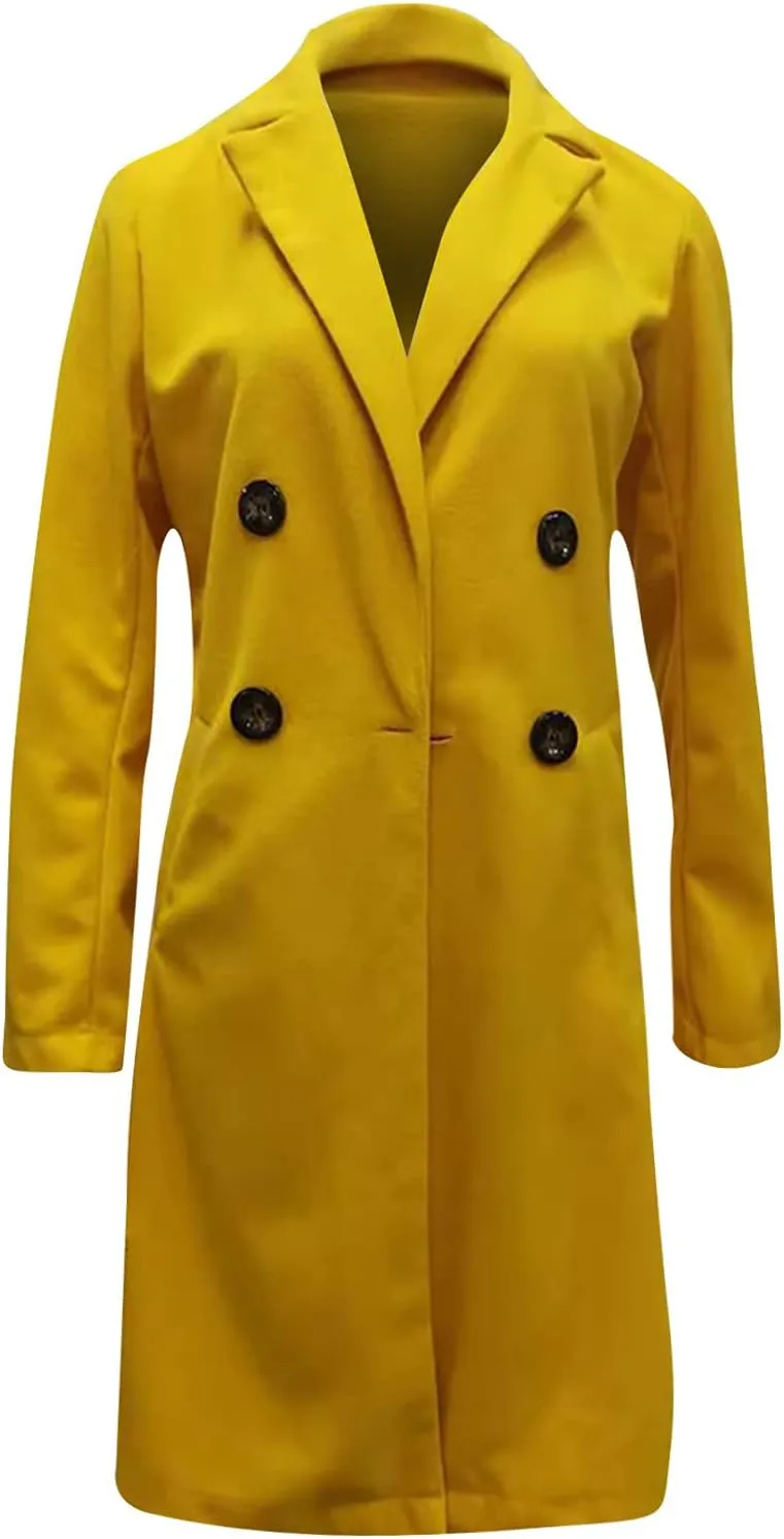 Womens Double Breasted Long Blazers Fall Lapel Suit Jackets Winter Warm Outwear Casual Work Office Cardigan Coats