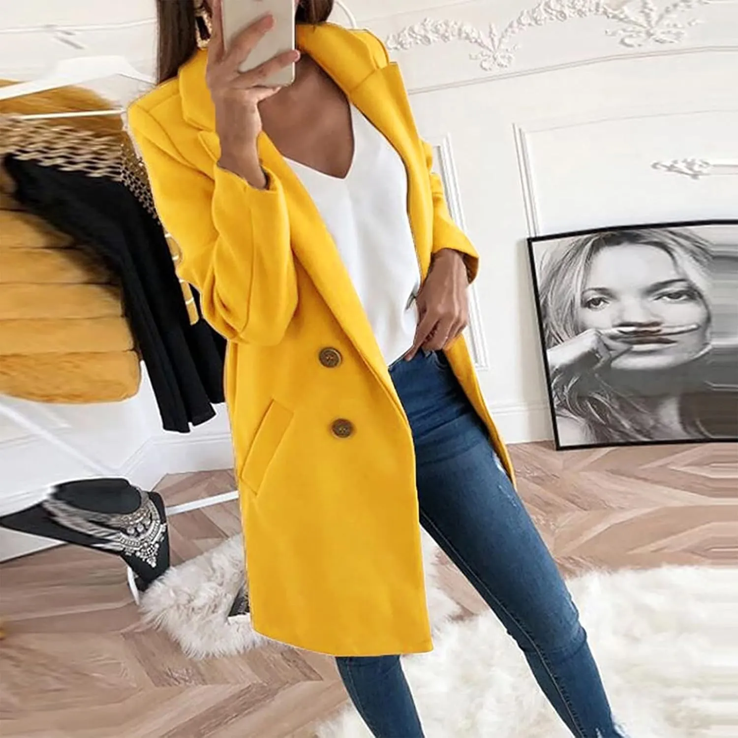 Womens Double Breasted Long Blazers Fall Lapel Suit Jackets Winter Warm Outwear Casual Work Office Cardigan Coats