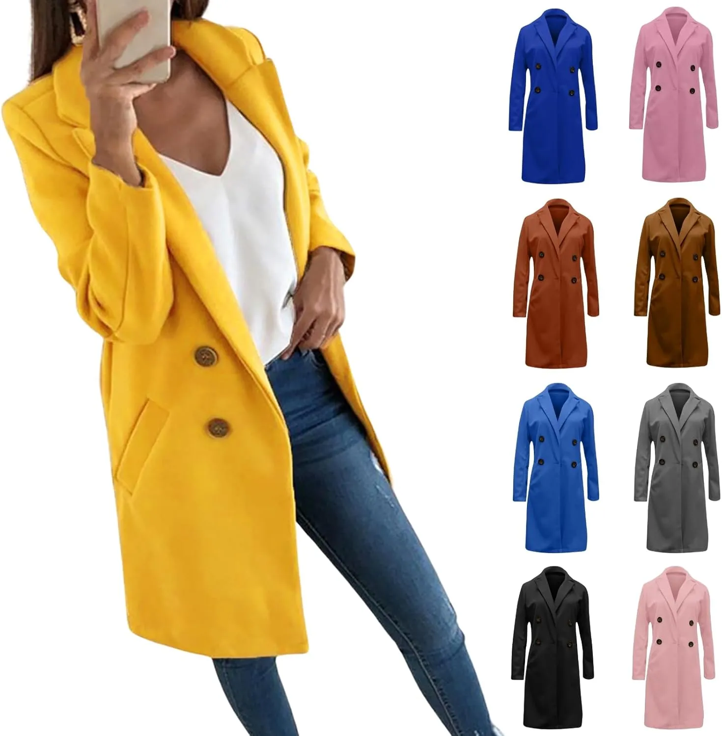 Womens Double Breasted Long Blazers Fall Lapel Suit Jackets Winter Warm Outwear Casual Work Office Cardigan Coats