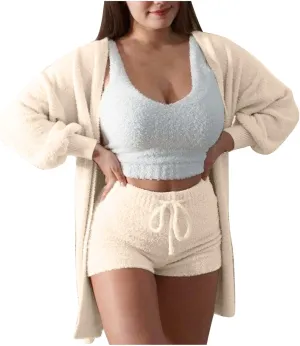 Women's Fuzzy 3 Piece Outfits Fleece Warm Hooded Cardigan Crop Top Shorts Set Pajamas Loungewear Sets