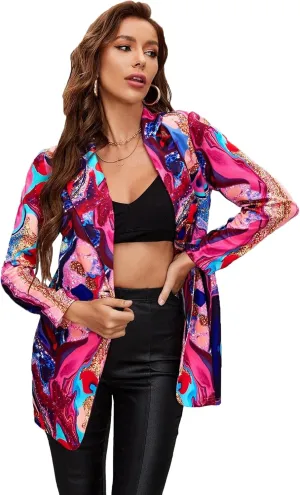 Women's Graphic Printed Blazer Button Open Front Colorful Long Sleeve Notch Lapel Pop Art Jacket Multicolored