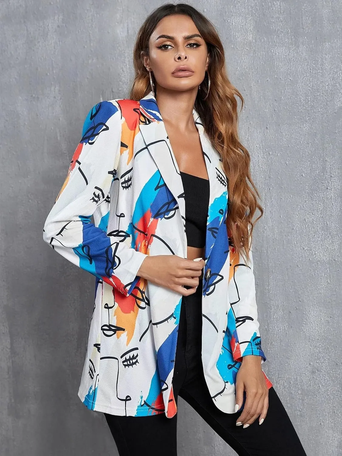 Women's Graphic Printed Blazer Button Open Front Colorful Long Sleeve Notch Lapel Pop Art Jacket Multicolored