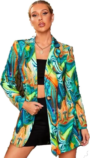 Women's Graphic Printed Blazer Button Open Front Colorful Long Sleeve Notch Lapel Pop Art Jacket Multicolored