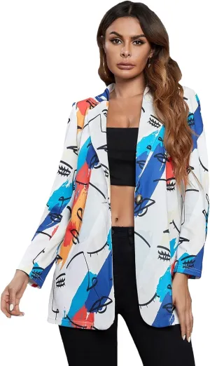 Women's Graphic Printed Blazer Button Open Front Colorful Long Sleeve Notch Lapel Pop Art Jacket Multicolored