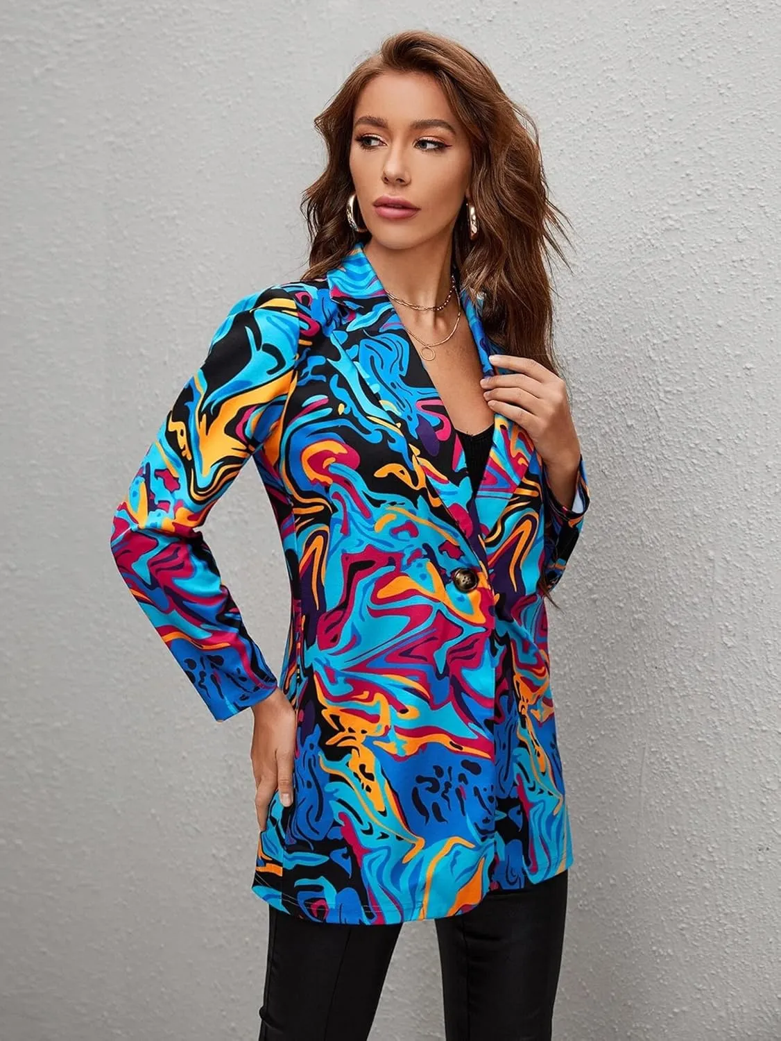 Women's Graphic Printed Blazer Button Open Front Colorful Long Sleeve Notch Lapel Pop Art Jacket Multicolored