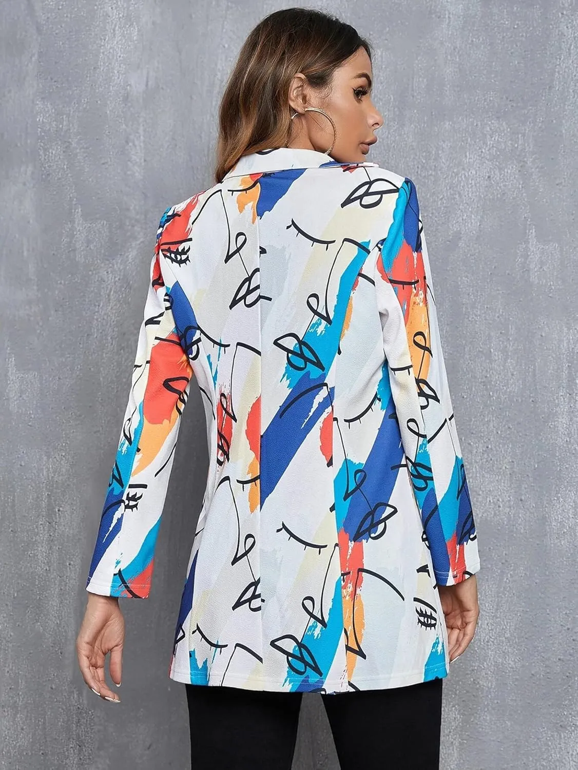Women's Graphic Printed Blazer Button Open Front Colorful Long Sleeve Notch Lapel Pop Art Jacket Multicolored