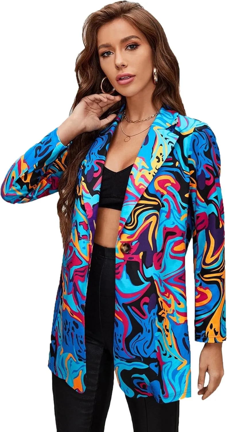 Women's Graphic Printed Blazer Button Open Front Colorful Long Sleeve Notch Lapel Pop Art Jacket Multicolored