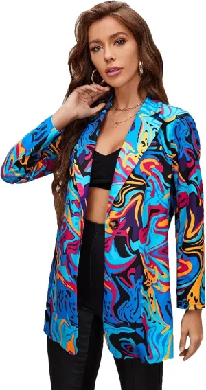 Women's Graphic Printed Blazer Button Open Front Colorful Long Sleeve Notch Lapel Pop Art Jacket Multicolored