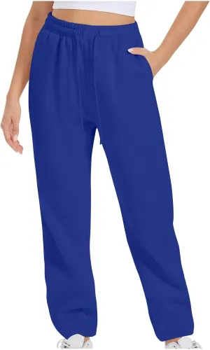 Women's High Waisted Sweatpants Casual Sport Training Wide Leg Pants Solid Baggy Drawstring Slacks with Pockets