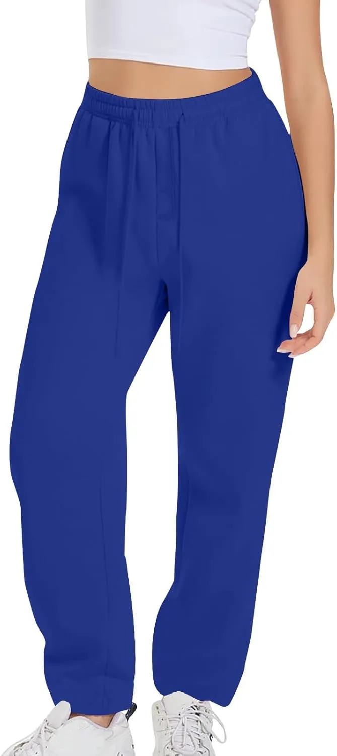 Women's High Waisted Sweatpants Casual Sport Training Wide Leg Pants Solid Baggy Drawstring Slacks with Pockets